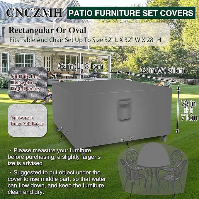 Square Heavy Duty Patio Table Covers Waterproof, 600D Outdoor Dining Table and Chair Set Covers, Outdoor Furniture Cover Waterproof for Sectional Sofa Couch 32''L x 32''W x 28''H, Grey