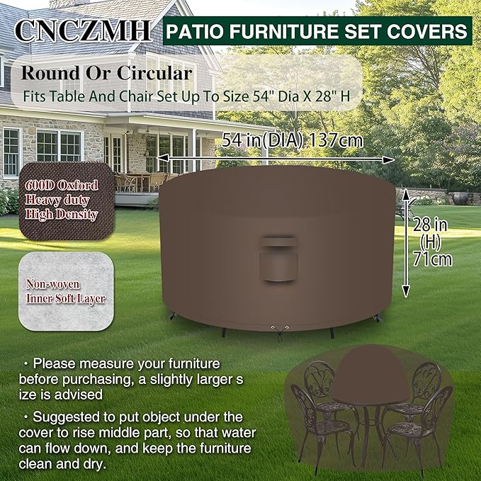 Heavy Duty Patio Furniture Covers Waterproof, 600D Round Outdoor Furniture Cover Waterproof for Sectional Sofa Couch, Outdoor Dining Table and Chair Set Covers 54"DIA x 28"H, Brown