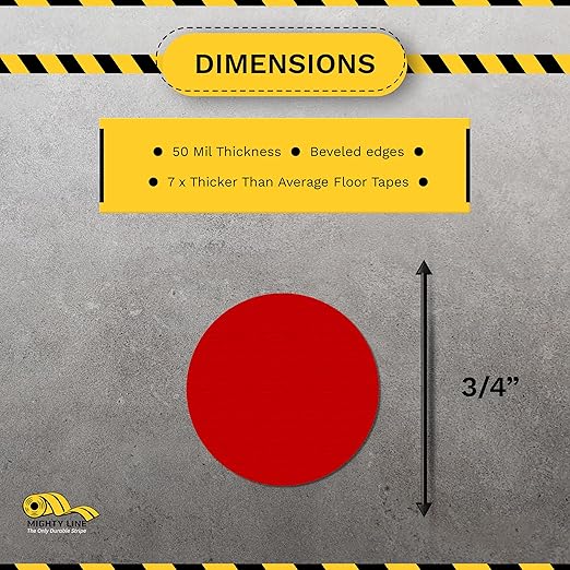 Mighty Line 3/4" Solid Dot Shaped Floor Marking Tape for Safety, Caution, Warning, Heavy-Duty, Peel and Stick, Adhesive Circle Spots, Industrial Quality, Red, Pack of 200