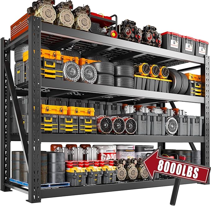 Bepatio 8000LBS Garage Shelving Heavy Duty,77" W Storage Shelves 4 Tier Adjustable Shelves,Metal Shelving Unit, Industrial Storage Shelving for Basement Warehouse Commercial,77" W*24" D*72”H,Black