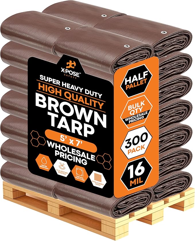 Super Heavy Duty Brown Poly Tarp 5' x 7' - Bulk Half Pallet (300 Pack) Thick Waterproof, UV Blocking Protective Cover - 16 Mil Thick Polyethylene - by Xpose Safety
