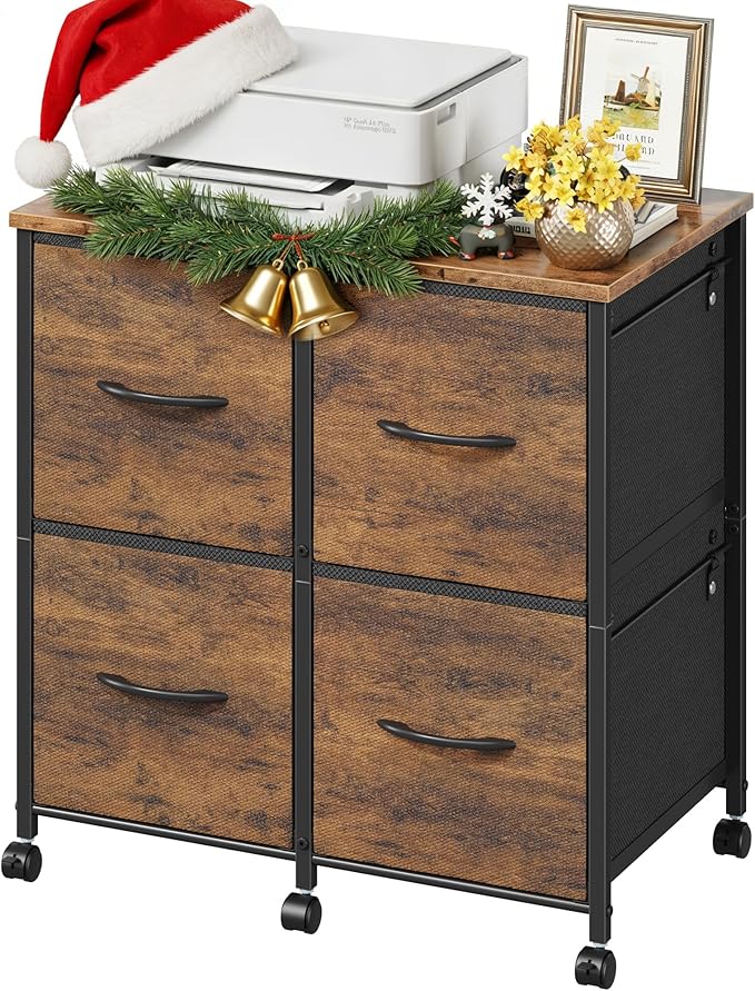 4 Drawer Lateral File Cabinet, Mobile Filing Cabinet for Large Printer, Home Office Functional Small Office Storage Cabinet & Printer Stand, Fits Letter/A4, Rustic Brown