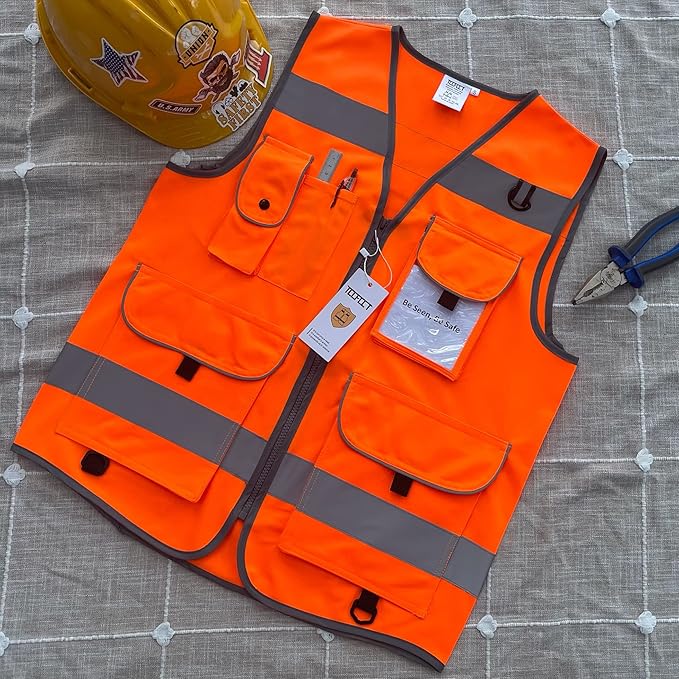 TCCFCCT Hi Vis Vest 9 Pockets High Visibility Reflective Safety Vest for Men Women, Safety Construction Vest with Reflective Strips, Meets ANSI/ISEA Standards, (Orange, Medium)
