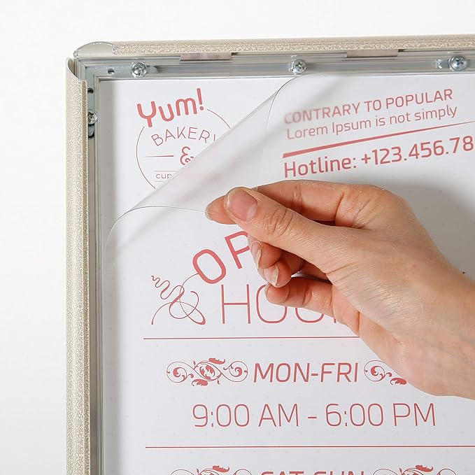 M&T Displays Curved Menu Board, 8.5x11 Inch Pedestal Sign Holder with 8.5x11 Inch Brochure Holder White Pearlic Floor Standing Aluminum Front Loading Easy Open Poster Message Advertisement Post