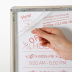 M&T Displays Curved Menu Board, 11x17 Inch Pedestal Sign Holder with 8.5x11 Inch Brochure Holder White Pearlic Floor Standing Aluminum Front Loading Easy Open Poster Message Advertisement Post