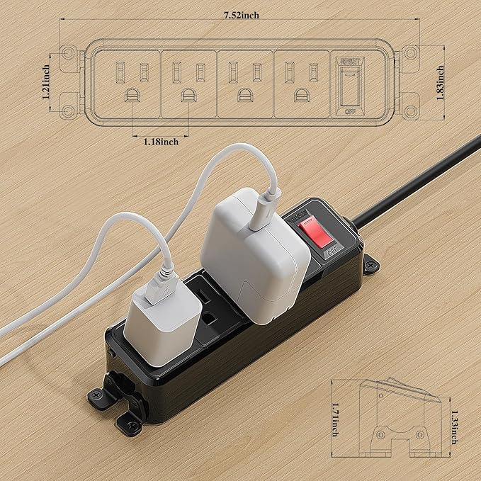 Wall Mount Power Strip,Flat Plug Power Strip with Switch,6ft Extension Cord,4 Outlets, Flexible Installation for Home, Office,and School,ETL Listed,Black (6ft,4 outlets)