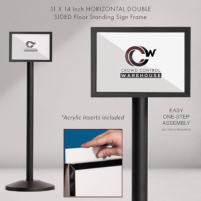 Crowd Control Warehouse Pedestal Standing Floor Sign Frame with Sloped Base, 11 x 14 Inch Horizontal, Satin Brass