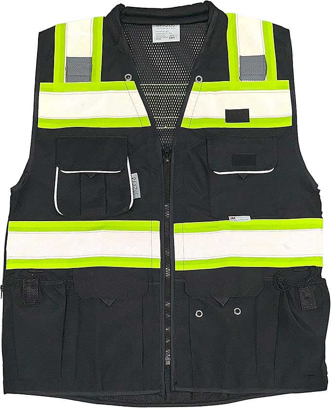 Black Safety Vest, XX-Large, Men's Professional Surveyors Vest with Zipper and Utility Pockets