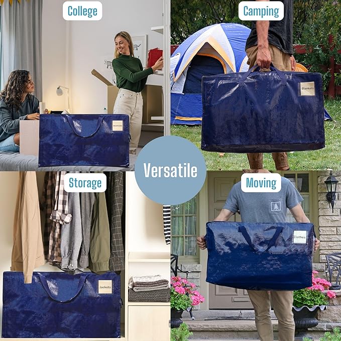 VENO 2 Pack Moving Bags and Large Christmas Decoration Storage Bins with lids. Alternative to Moving Boxes, Packing Supplies for College. Heavy Duty Totes (Blue, 2 Pack)