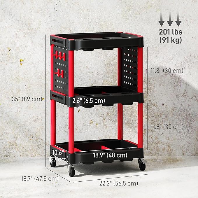 HOMCOM 3-Tier Rolling Tool Cart with Wheels, 200 LBS Capacity Plastic Utility Cart with Side Shelves, Mobile Service Tool Organizer for Garage, Warehouse, Workshop, Black and Red