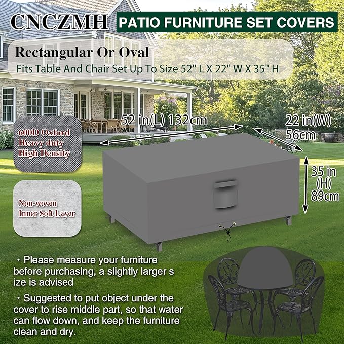Heavy Duty Patio Furniture Covers Waterproof, 600D Outdoor Furniture Cover Waterproof for Sectional Sofa Couch, Outdoor Dining Table and Chair Set Covers 52''L x 22''W x 35''H, Grey