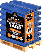 Heavy Blue & Brown Tarp 40' x 60'- Bulk Half Pallet (12 Pack) Weatherproof, Camping, Rain, Wind & Sun - 7 Mil Plastic Tarp Outdoor Cover for Roof, Trailer, RV, Car, Boat - by Xpose Safety