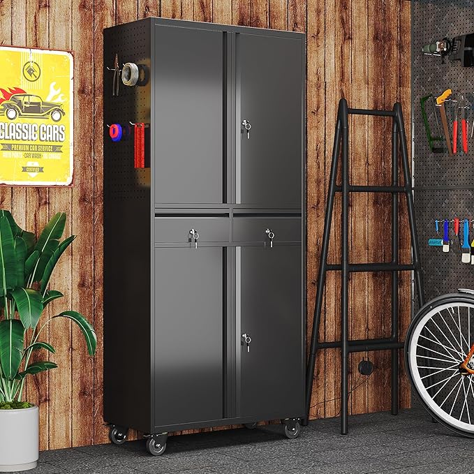 Aobabo 71" H 2 Drawer Metal Storage Cabinet with Wheels and 4 Pegboards,Lockable Steel Garage Storage Cabinet with 2 Adjustable Shelves,Black,Assembly Required