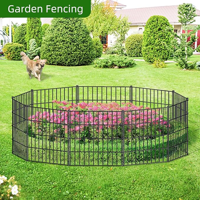 Metal Garden Fence 28in (H) x 23.3ft (L), 10 Panels + 11 Stakes Dog Fence Border Fence Animal Barrier, No Dig Garden Fencing for Yard Flower Bed Lawn Patio Outdoor, PIN282810 Black