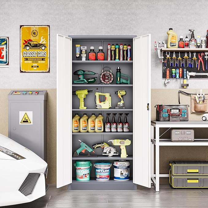 Metal Tool Storage Cabinet,Lockable File Cabinet with 2 Doors and 5 Adjustbale Shelves,Tall Cabinets for Garage Storage Systems for Home Office,Garage,Workshop