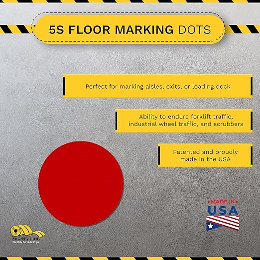 Mighty Line 5.7" Solid Dot Shaped Floor Marking Tape for Safety, Caution, Warning, Heavy-Duty, Peel and Stick, Adhesive Circle Spots, Industrial Quality, Red, Pack of 100