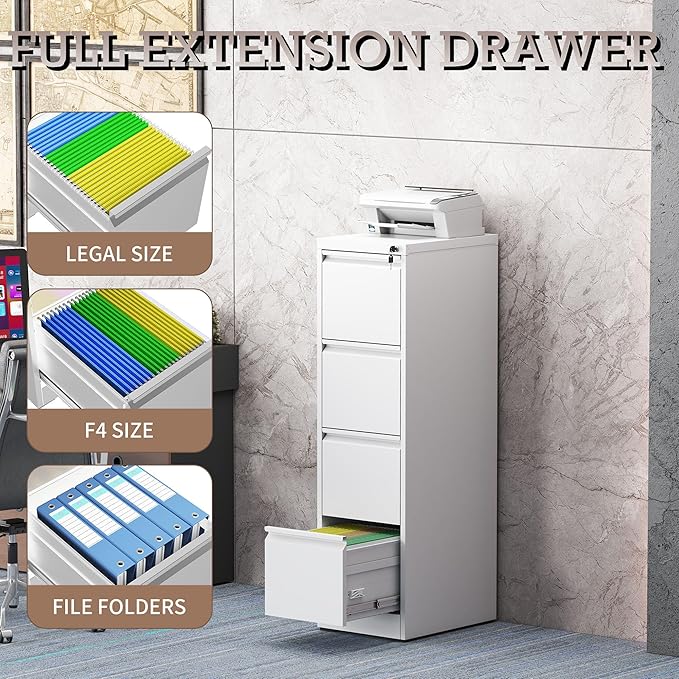 File Cabinet, 4 Drawer File Cabinet with Lock, Steel Vertical Filing Cabinets for Home Office, Heavy Duty File Storage Cabinet for Legal/Letter/A4 Documents, Easy to Assemble, White