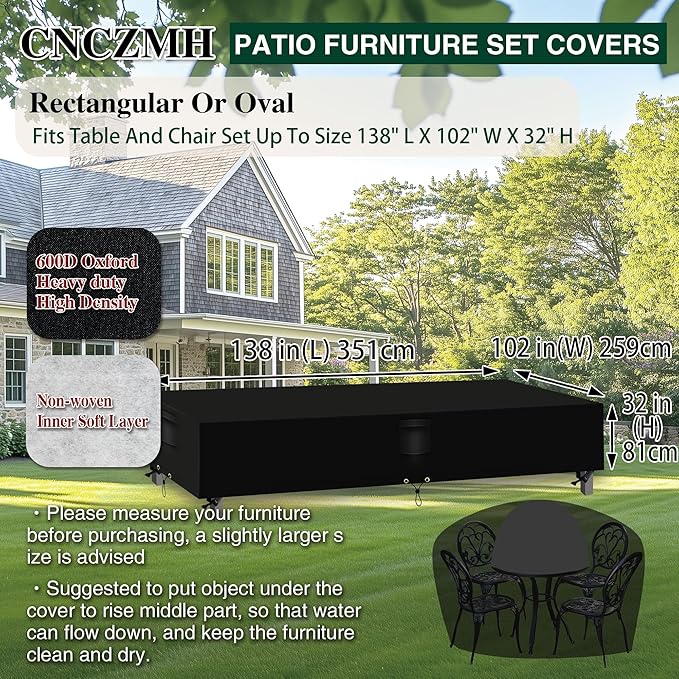 Heavy Duty Patio Furniture Covers Waterproof, 600D Outdoor Furniture Cover Waterproof for Sectional Sofa Couch, Outdoor Dining Table and Chair Set Covers 138''L x 102''W x 32''H, Black