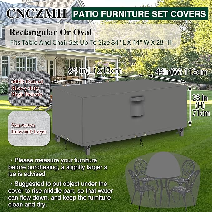 Heavy Duty Patio Furniture Covers Waterproof, 600D Outdoor Furniture Cover Waterproof for Sectional Sofa Couch, Outdoor Dining Table and Chair Set Covers 84''L x 44''W x 28''H, Grey