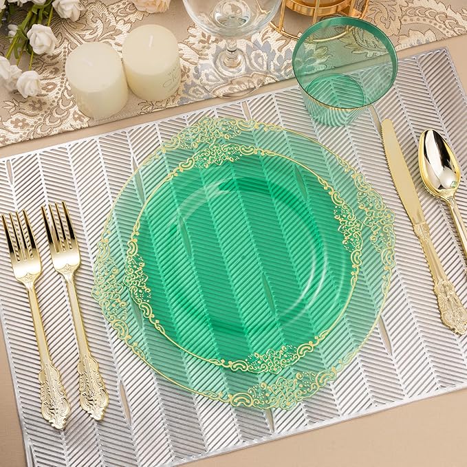 350PCS Clear Green Plastic Plates for 50 Guests, Disposable Plates with Gold Trim include 100 Dinner Plates, 150 Gold Silverware, 50 Cups, 50 Napkins for Party, Wedding and Graduation