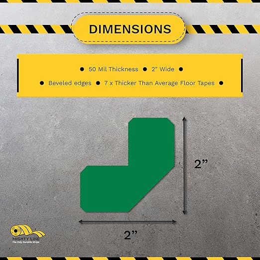 Mighty Line 2" Half Angle Marker Floor Marking Tape for Safety, Caution, Warning, Heavy-Duty, Peel and Stick, Adhesive, Industrial Quality, Green, Pack of 100