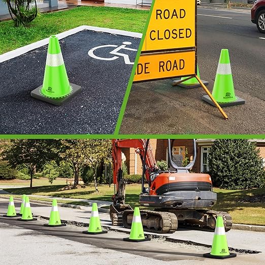RoadHero 8 Pack Traffic Safety Cones 18 Inch with Black Weighted Base, Plastic PVC Lime Green Cone with Reflective Collar, Cones for Parking Lot, Construction Events, Road Safety