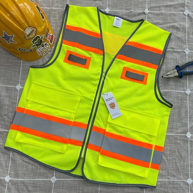 TCCFCCT Mesh High Visibility Vest with Pockets Reflective Safety Vest for Men Women, Construction Vest with Fluorescent Orange Extend Edge, Meets ANSI/ISEA Standards, Yellow, L