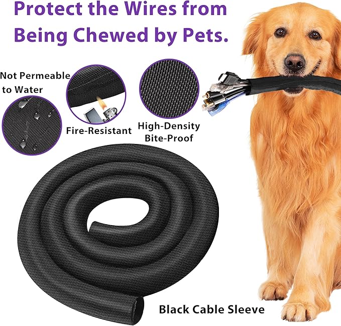 Cable Management Sleeve YCLYC 8.2ft - 1/4inch, Cable Wrap Cord Covers for Pets, Easy Install Cable Sleeves Cord Management, Flexible Computer Cord Organizer for Cords, Black Cable Covers