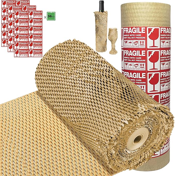 Bubble Wrap Substitute - Honeycomb Packing Paper 15''x400', Cushioning Wrap Moving, Shipping, Packing for Glassware, Plates, Cups with 36 Fragile Sticker Labels