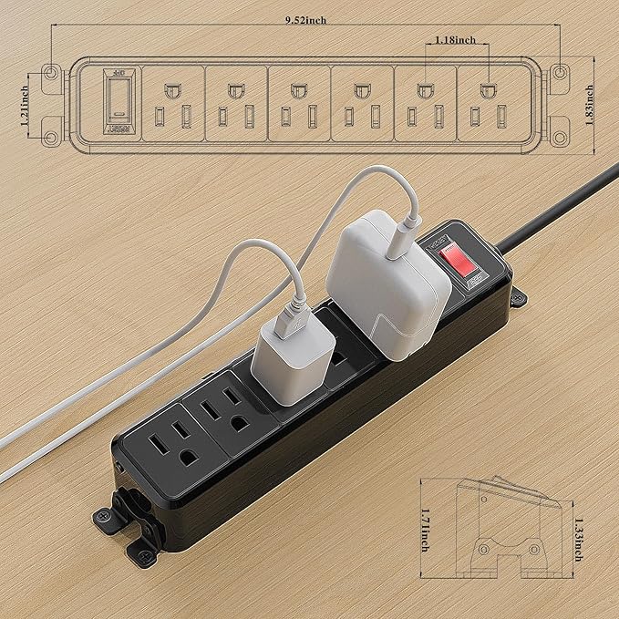 Wall Mount Power Strip,Flat Plug Power Strip with Switch,10ft Extension Cord,6 Outlets, Flexible Installation for Home, Office,and School,ETL Listed,Black (10ft,6 outlets)