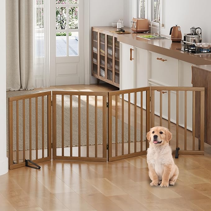 Dog Gate, Bamboo Free Standing Dog Gates for Doorways, Foldable Dog Gate Indoor, Pet Gates for Doorways Bedroom, Puppy Gate with Metal Support Feet, Room Divider 4 Panels (walnut)