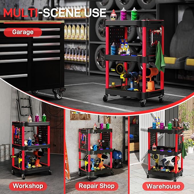 HOMCOM 3-Tier Rolling Tool Cart with Wheels, 200 LBS Capacity Plastic Utility Cart with Side Shelves, Mobile Service Tool Organizer for Garage, Warehouse, Workshop, Black and Red