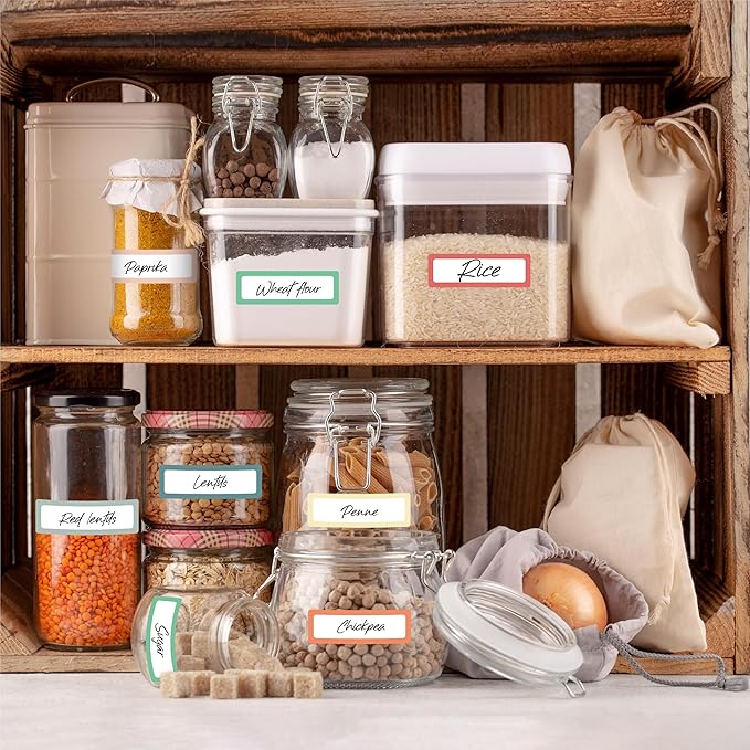 270 PCS Removable Labels, 9 Colors Self-Adhesive Rectangular Stickers Water/Oil/Tear Resistant for Food Containers, Freezer, Kitchen, Files, Jars, Pantry Storage, Office, Bathroom, School (15 Sheets)
