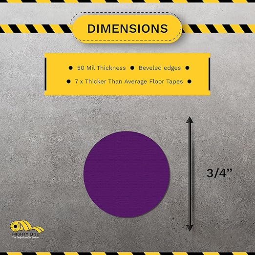 Mighty Line 3/4" Solid Dot Shaped Floor Marking Tape for Safety, Caution, Warning, Heavy-Duty, Peel and Stick, Adhesive Circle Spots, Industrial Quality, Purple, Pack of 200