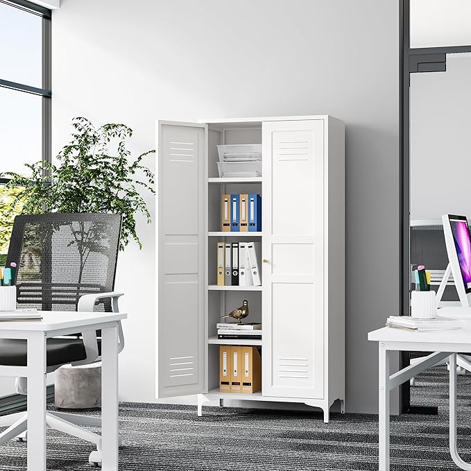 Metal Storage Cabinet-61” Tall Steel File Cabinets with Doors and 4 Adjustable Shelves-White Steel Storage Cabinet for Home,Kitchen, School, Office, Garage