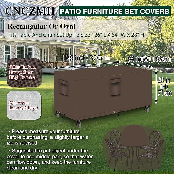 Heavy Duty Patio Furniture Covers Waterproof, 600D Outdoor Furniture Cover Waterproof for Sectional Sofa Couch, Outdoor Dining Table and Chair Set Covers 126''L x 64''W x 28''H, Brown