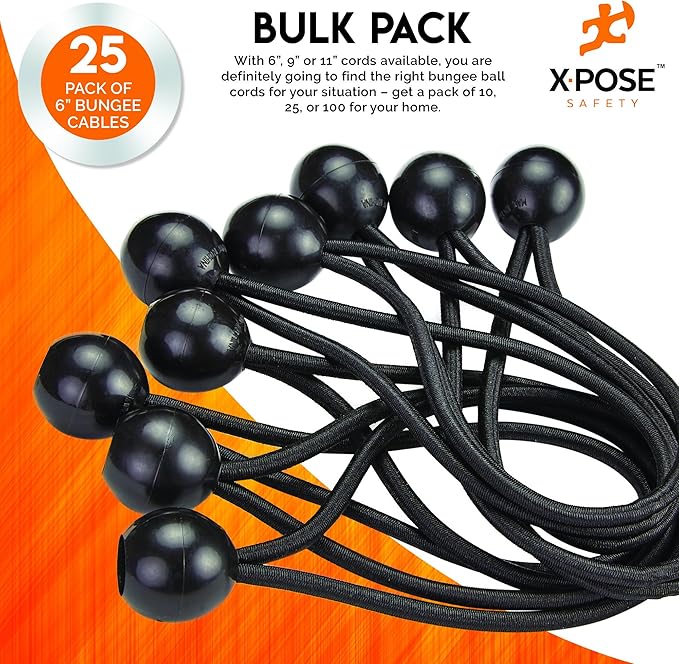 Xpose Safety Bungee Ball Cords 6" 25 Pack Heavy Duty Black Stretch Rope with Ball Ties for Canopies, Tarps, Walls, Cable Organization