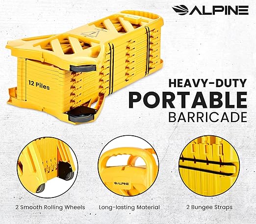 Alpine Commercial Safety Barriers, 13 Foot Expandable Mobile Barricade System - Folding Portable Barrier, Traffic Barricade Fence, Plastic Barricade for Construction, Traffic Control, Driveway Gate