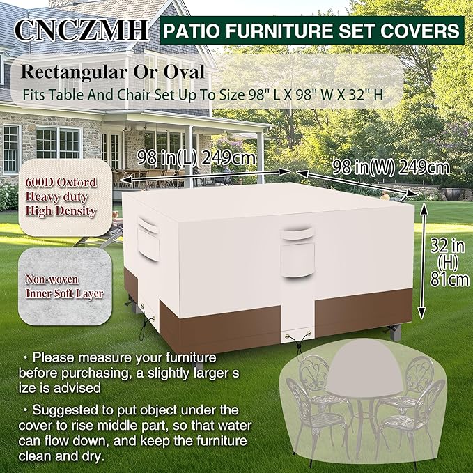 Square Heavy Duty Patio Table Covers Waterproof, 600D Outdoor Dining Table and Chair Set Covers, Outdoor Furniture Cover Waterproof for Sectional Sofa Couch 98''L x 98''W x 32''H, Beige Brown