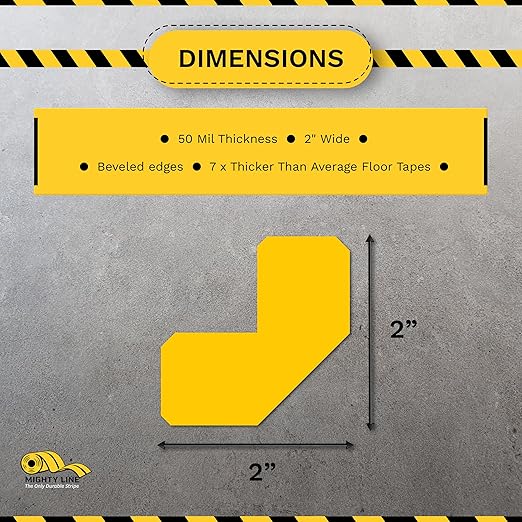 Mighty Line 2" Half Angle Marker Floor Marking Tape for Safety, Caution, Warning, Heavy-Duty, Peel and Stick, Adhesive, Industrial Quality, Yellow, Pack of 100