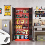 72 Inch Metal Cabinet,Lockable Storage Cabinet with 2 Doors and 5 Adjustbale Shelves,Tall Tool Cabinet Cabinet for Garage,Basement,Home Office,Gym(Red & Black)