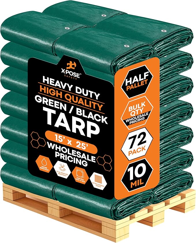 Heavy Duty Poly Tarp 15' x 25' - Bulk Half Pallet (72 Pack) Thick Waterproof, UV Blocking Protective Cover - Reversible Green & Black - 10 Mil Thick Polyethylene - by Xpose Safety