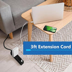 LIDER Outlet Extender with 3 Receptacles, 21W USB Type-A, and 2 USB Type-C, Ultra-Thin Wall Plate Plug with Cord Extender, 3-Outlet Power Strip, Flat-Face, Slim Design, ETL-Listed, 3ft Cord, Black