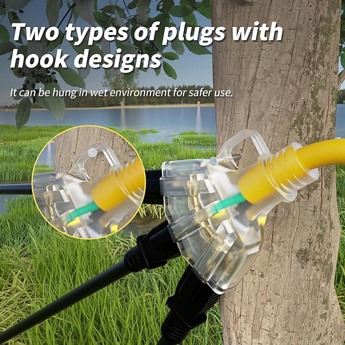 6 FT 12/3 Gauge Outdoor Extension Cord with Multiple Outlets Light Indicator, Flexible 3 Outlet Weatherproof Heavy Duty Extension Cord Waterproof Yellow, 15A 1875W 12AWG SJTW, ETL Listed