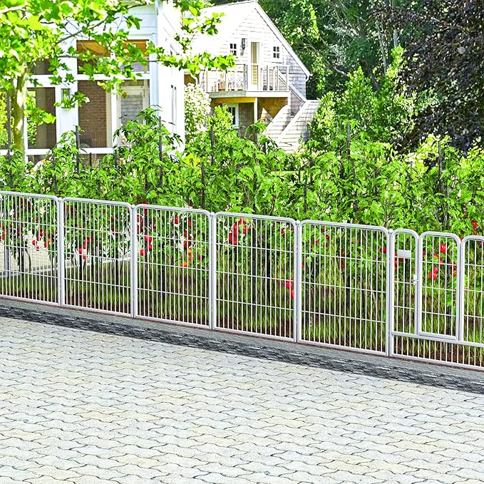 ZXMOTO White Outdoor Garden Fence 5 Panels with 1 Gate,32in (H) x 14ft (L) for Dogs Outside,Metal Wire Fencing Border Animal Barrier,Flower Edging for Yard Landscape Patio Decor, Square
