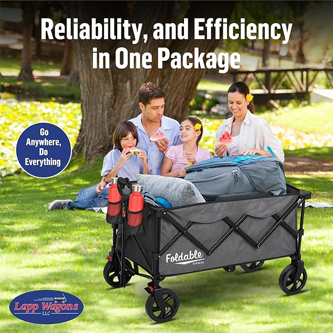 Lapp Wagons 39" Extra-Long Collapsible Folding Wagon Cart, Heavy-Duty 360 lb Utility Wagon with Wheels, Foldable Beach Wagon for Camping, Garden, Grocery, Sports, Outdoor Gear – Grey
