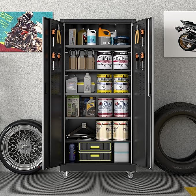 71" H×34" W×18" D Garage Storage Cabinet with Wheels, Metal Storage Cabinet with 5 Adjustable Shelves and Pegboard for Garage Home Office Utility Room,Required Assembly,Black
