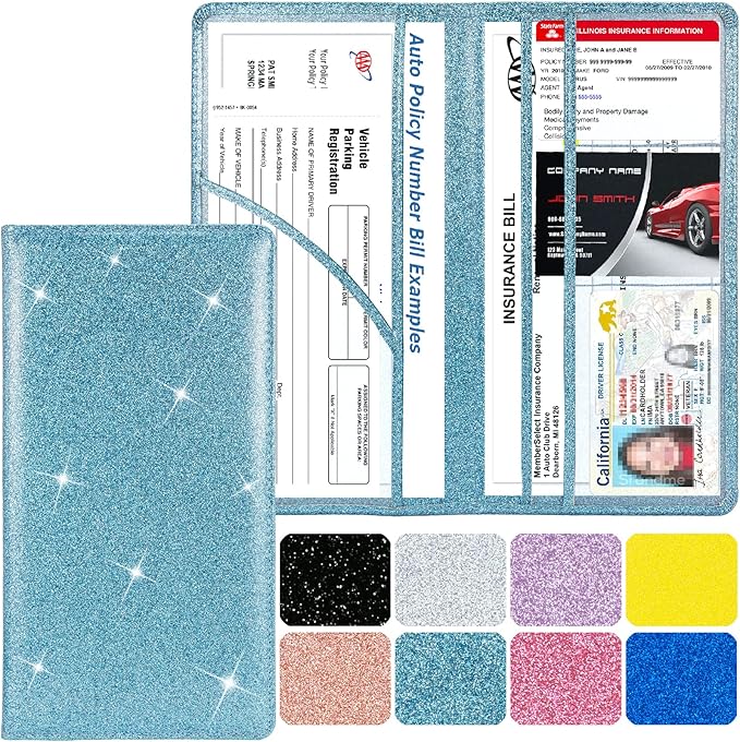 Car Registration and Insurance Holder, Leather Magnetic Shut Vehicle Glove Box Organizer for Document, Card, Driver License, Glitter LightBlue