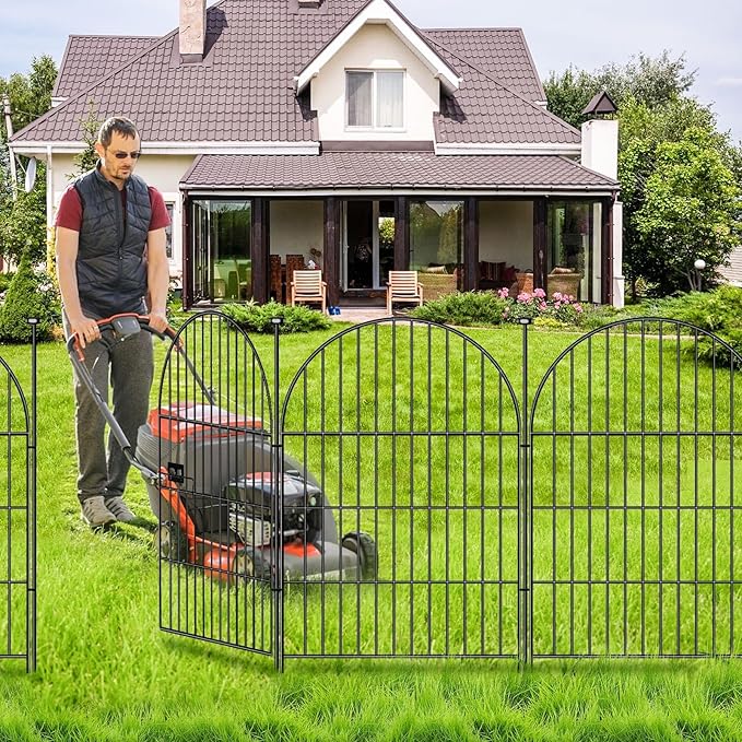 Adavin Tall Garden Fence Animal Barrier with Gate, 40 in(H)×8.8ft(L) 4 Panels No Dig Fence for Dogs, Rustproof Metal Wire Temporary Fences for Dogs Rabbits, Black Garden Fencing for Yard Lawn Patio
