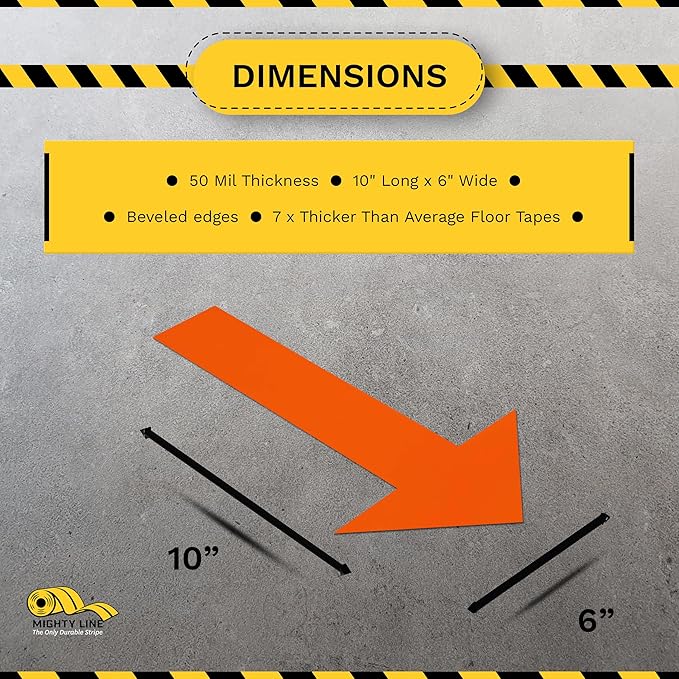Mighty Line Solid Arrows Directional Sticker Sign Floor Marking Tape for Safety, Caution, Warning, Heavy-Duty, Peel and Stick, Adhesive, Industrial Quality, Orange, 10" by 6", Pack of 50